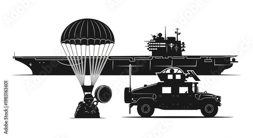 Military Paratrooper Landing Near Aircraft Carrier and Humvee