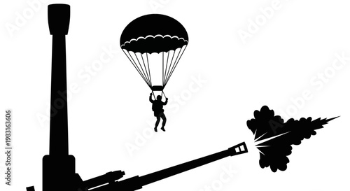 Military Paratrooper Jumps Near Firing Cannon with Smoke Explosion