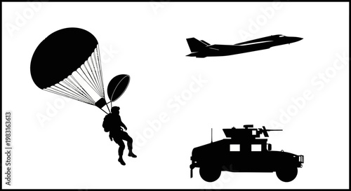 Military Paratrooper, Fighter Jet, and Humvee Silhouette - Airborne Assault Concept