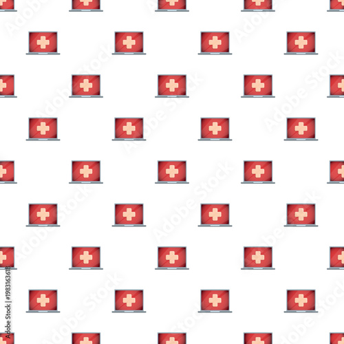 Laptops showing a red medical cross on the screen repeating in a seamless pattern