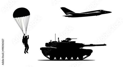 Military Paratrooper, Jet Fighter, and Tank Silhouette on White Background