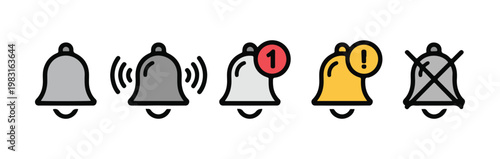 Notification bell icons in gray with various alert and status symbols on transparent background vector.