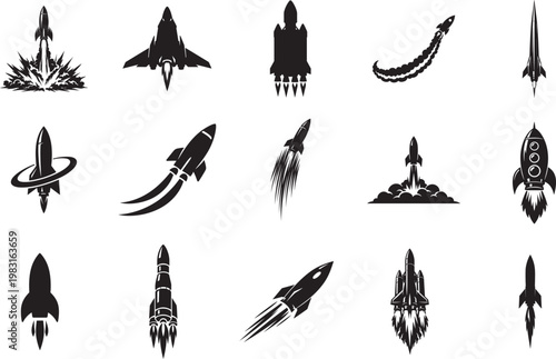 Rocket launch icon set with spaceship, booster flame and flight symbols for startup UI design.