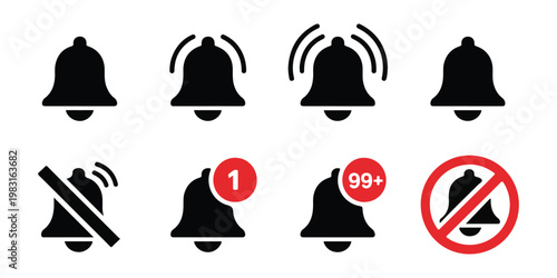 Notification bell icons pack including active ringing silent mute and high volume message counter displays.