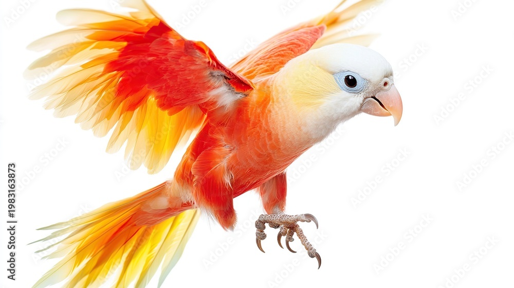 Fototapeta premium Vibrant orange and yellow parrot soaring with outstretched wings against white background