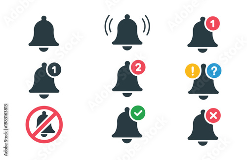 Dark notification bell icons with alert badges sound waves and prohibition sign on transparent.