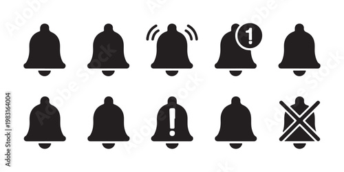 Solid black notification bell icon set for mobile application interface design with various status symbols.