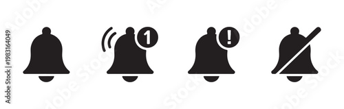 Minimalist bell icon collection featuring various states for notification alert reminder and silent settings.