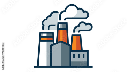 Industrial factory production vector icon illustration. Minimalist flat design of a manufacturing plant with smoking chimneys, representing heavy industry, energy, power, and global manufacturing.