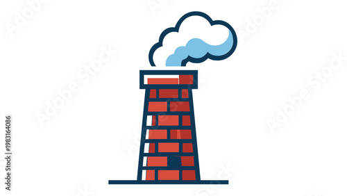 Industrial factory chimney smokestack vector illustration icon with blue smoke cloud, minimalist flat design for manufacturing plant, production facility, and environmental pollution concept.
