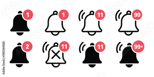 Notification bell icons collection with red number badges and silent cross symbol for application user interface.