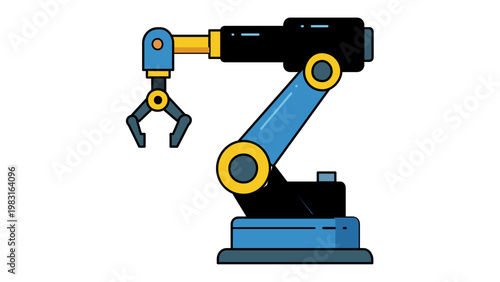 Industrial robotic arm vector icon illustration for smart manufacturing plant automation. Scalable flat design of mechanical gripper for factory assembly line, high-tech engineering, and robotics.
