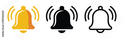 Three vibrating bell icons in yellow black and outline showing ringing sound and notification with transparent background.