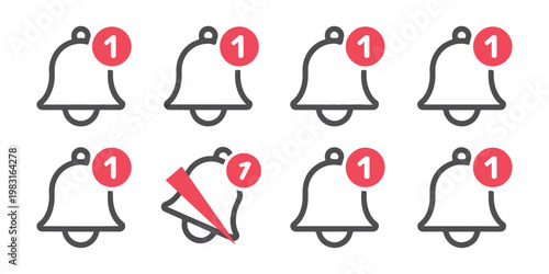 Set of eight bell notification icons with red alert badge showing number one with simple background.