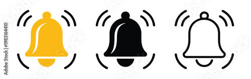 Three vibrating bell icons in yellow black and outline showing ringing sound and notification with transparent background.