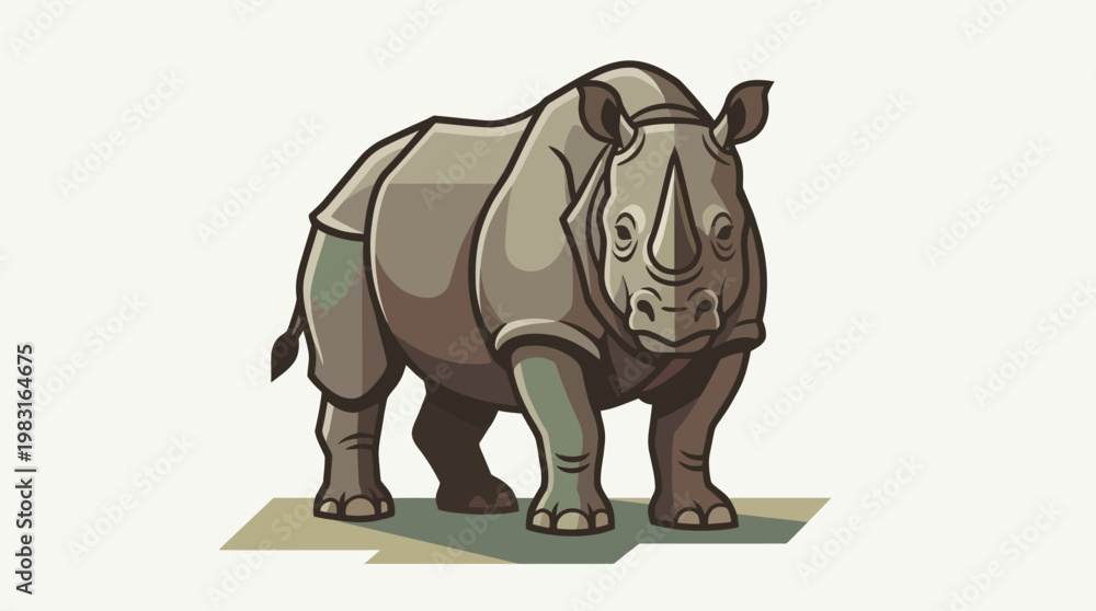 Fototapeta premium A stylized illustration of a rhinoceros standing on a light-colored surface, depicted in a flat, graphic art style with bold lines