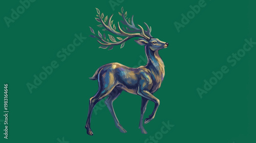 majestic stag with ornate antlers set against a deep green background, a symbol of nature's grandeur and resilience