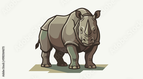 A stylized illustration of a rhinoceros standing on a light-colored surface, depicted in a flat, graphic art style with bold lines