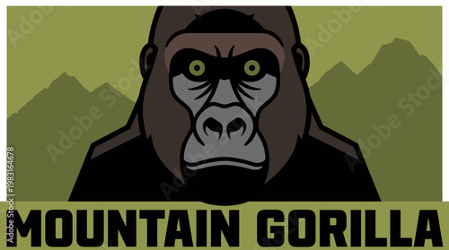 Close-up portrait of a majestic wild mountain gorilla, rendered in a bold, minimalist graphic style, showcasing wildlife in a mountainous habitat