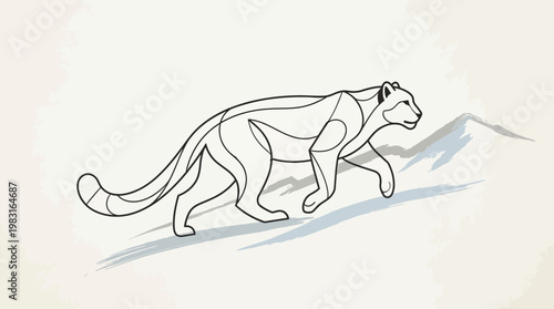 Graceful Snow Leopard Ascends a Mountain Slope in Minimalist Line Art Style