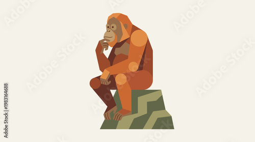 A thoughtful orangutan sits contemplating on a rock, depicted in a simple, flat illustration style