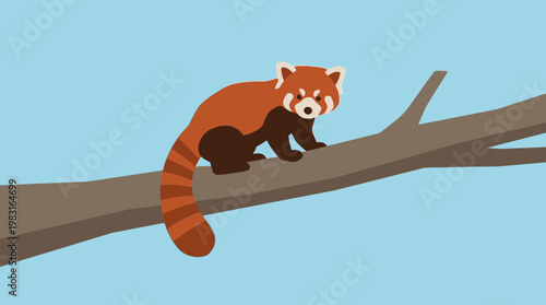 Adorable red panda illustration perched on a sturdy tree branch, showcasing the charm of wild animals in a clean, minimalist flat design