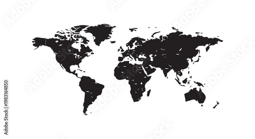 World map silhouette with global continents and islands black simple shape for international geography design concepts.