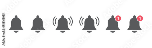 Gray notification bell collection with ringing effects and circular message counters for software interfaces.