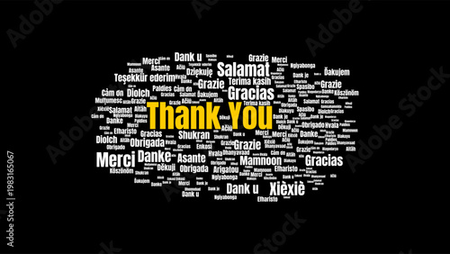 World Gratitude Word Cloud Illustration in Various Languages, Multilingual Thank You Design on Creative Black Backdrop Graphic Asset