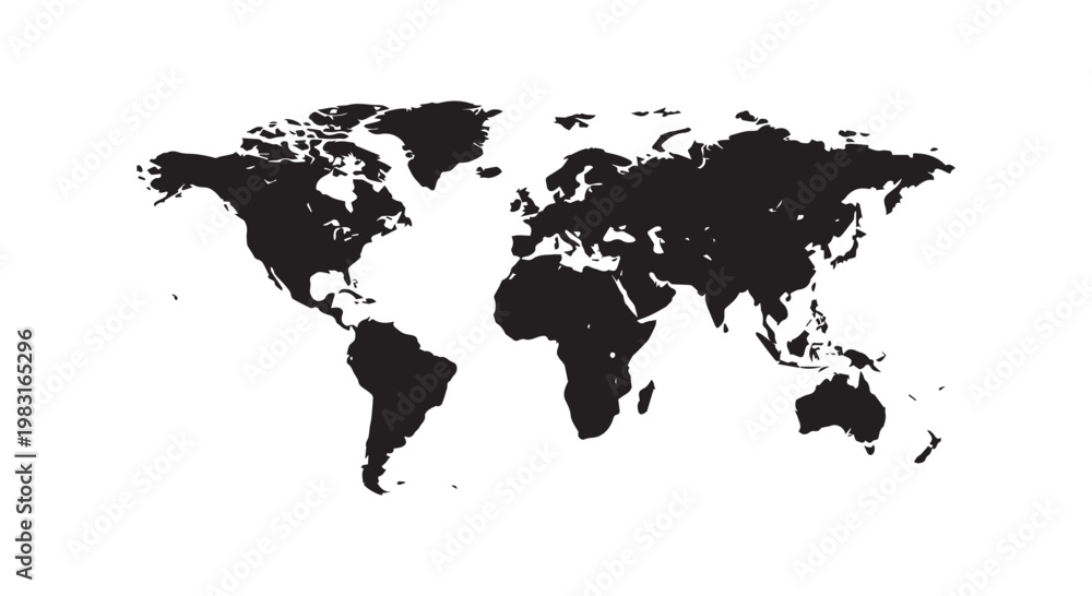 Naklejka premium Minimalist world map vector silhouette displaying global landmasses on plain white background for corporate presentation.