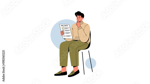 Man sitting and reviewing a wellness checklist, thoughtful expression, modern illustration