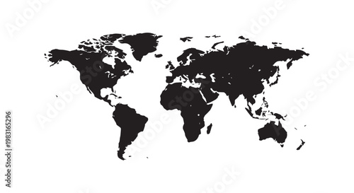 Minimalist world map vector silhouette displaying global landmasses on plain white background for corporate presentation.