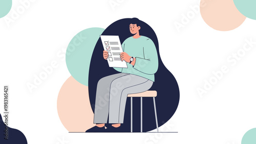 Man Sitting on Stool Filling Out Checklist, Modern Flat Illustration