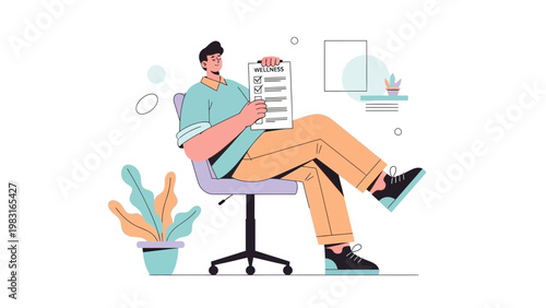 Man Sitting with Wellness Checklist, Healthy Lifestyle Concept