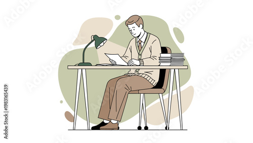 Man studying at desk with lamp and books, focused on reading