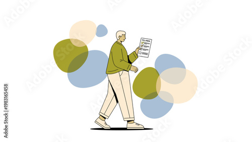 Man walking with checklist, abstract shapes, modern flat illustration