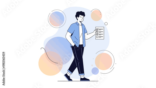 Man walking with checklist, modern flat illustration, abstract background