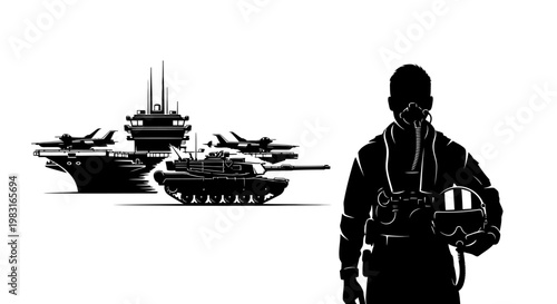 Military Power: Aircraft Carrier, Tank, Fighter Jet Pilot Silhouette