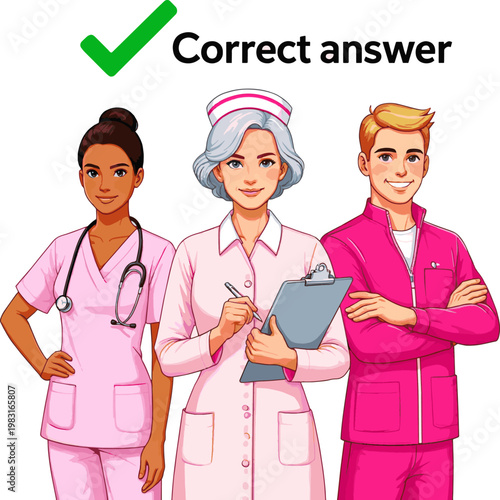 Create a realistic kinds of deferent Nurse (pink) - Correct answer vector art with white background..