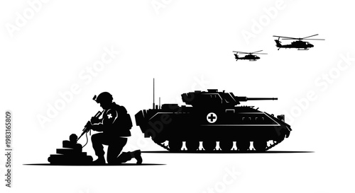 Military Soldier and Tank with Helicopters in Silhouette