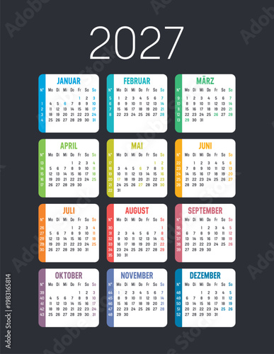Kalender 2027 deutsch farbenfroh mit kalenderwochen auf dunklem hintergrund, feiertage deutschland, vektor vorlage