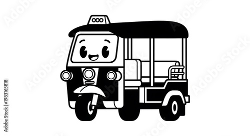 Smiling cartoon tuk tuk vehicle.