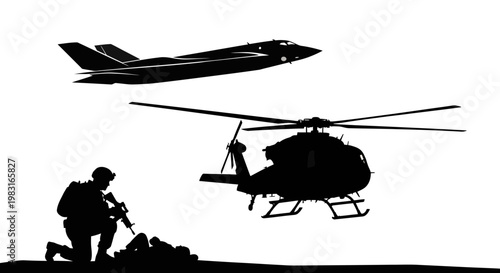 Military Soldier, Helicopter, and Stealth Jet Silhouette in Action