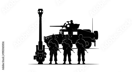 Military Soldiers and Artillery Gun Silhouette with Armored Vehicle