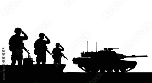 Military Soldiers Salute Beside Tank Silhouette, Naval Ship, and Aircraft