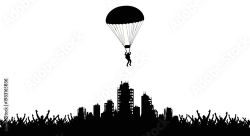 Parachutist Descends Over Ruined Cityscape with Cheering Crowd Silhouette