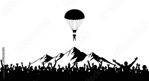 Parachutist Landing on Mountain Peak with Cheering Crowd Below