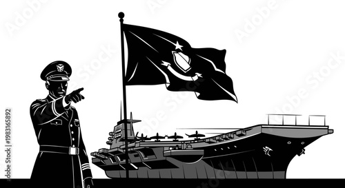 Naval Officer Directs Aircraft Carrier with Flag Flying