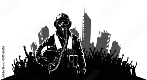 Pilot in gas mask and helmet, standing against a city skyline with cheering crowd