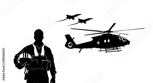 Pilot Silhouette with Helicopter and Fighter Jets